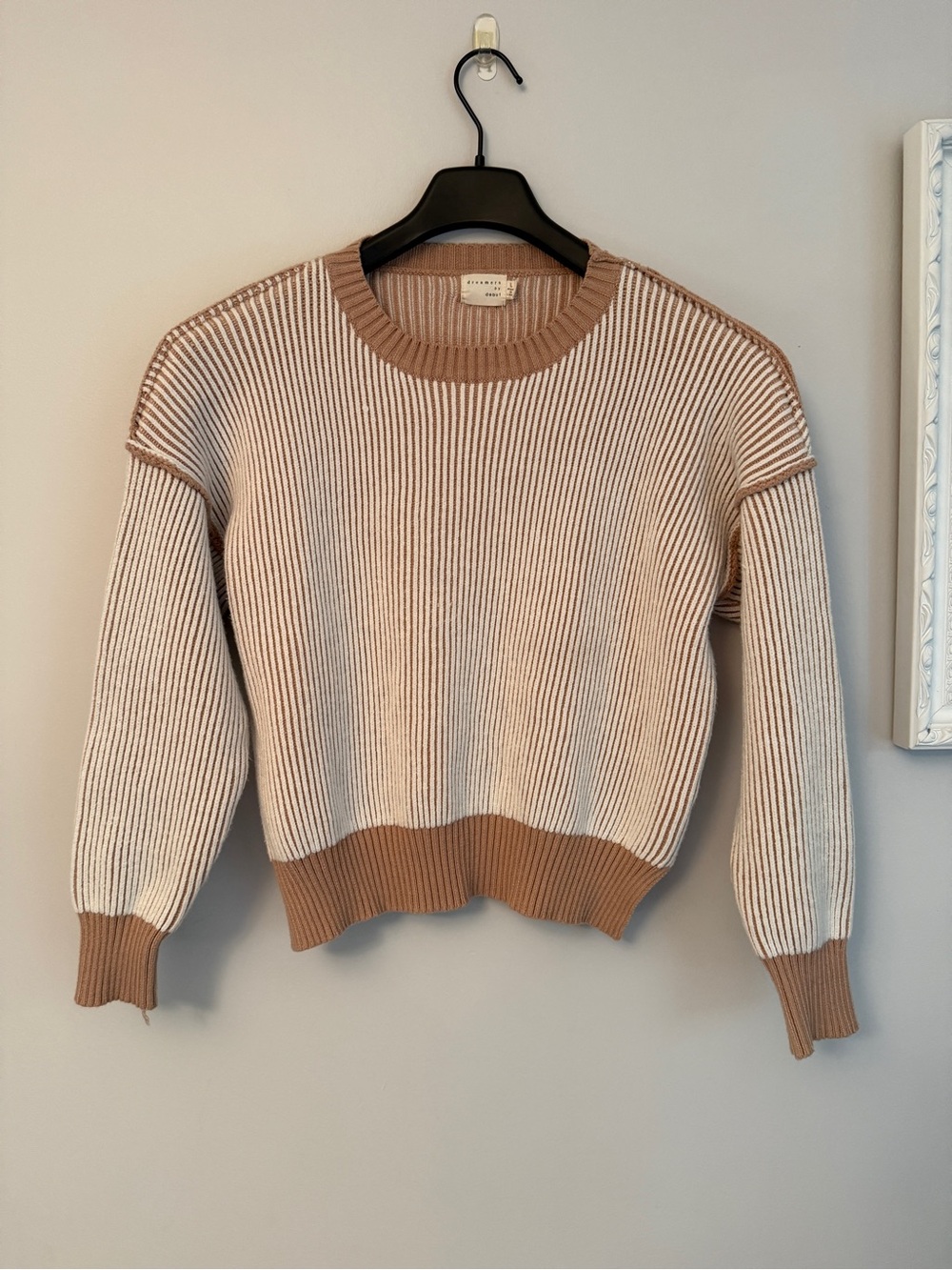 Dreamers by Debut Ribbed Striped Sweater Tan Cream L